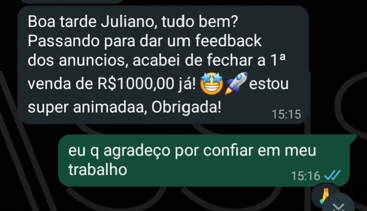 Print de conversa no WhatsApp — cliente comemorando primeira venda de R$1.000,00